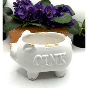 Vintage Ceramic Pig Planter With OINK Text - White & Distressed Orange